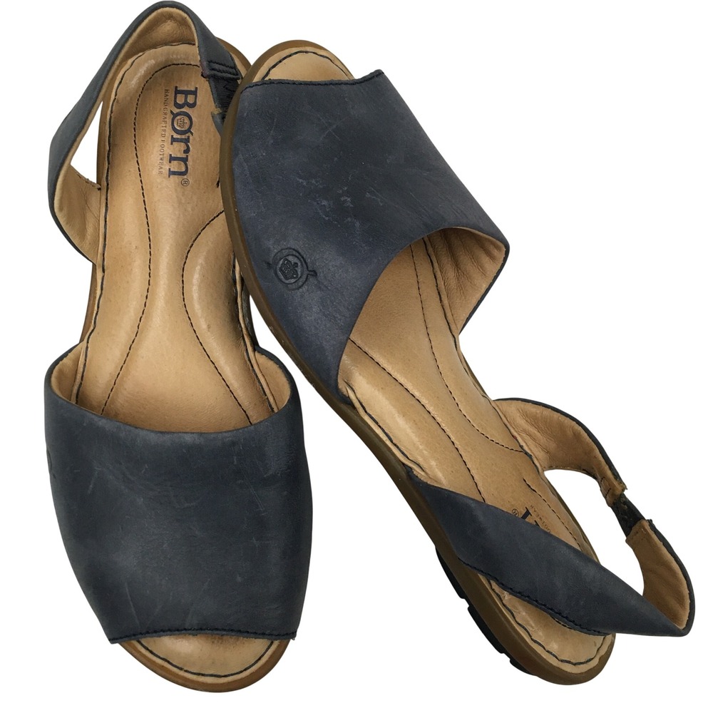 Born Leather Slingback Peep Toe Sandals 7 Blue Minimalist Boho Comfort